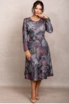 Rochie Andrada din jerse gri cu flori roz, maneca lunga si catarama in talie
